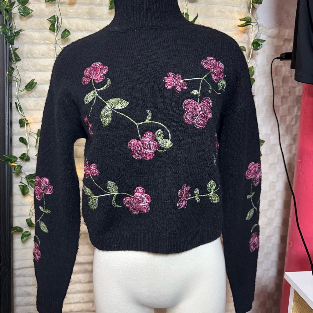 Alya Black Sweater with Pink Floral Embroidery